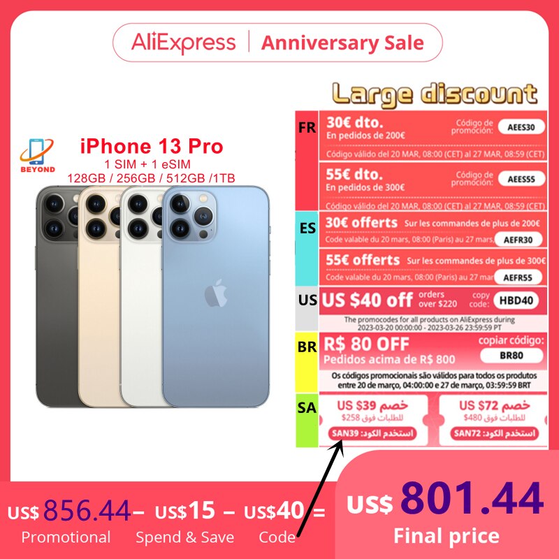 90% New Apple iPhone 13 Pro 13pro 128GB 256GB 512GB 1TB ROM 6.1" Super Retina OLED A15 IOS Face ID NFC Unlocked 5G Cellphones