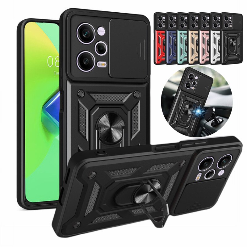 For Poco X5 Pro 5G Case Slide Camera Shockproof Armor Case For Poko Little X5 X 5 Pro X5pro Magnetic Holder Ring Protect Cover